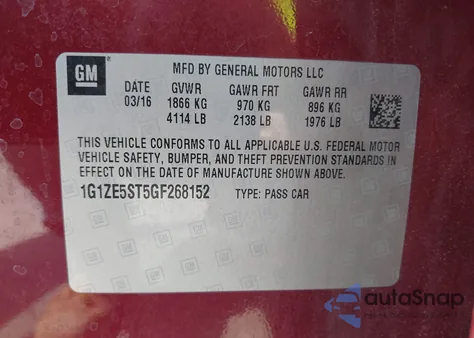 2016 Chevrolet Malibu 1Lt z USA, uszkodzony, nr VIN 1G1ZE5ST5GF268152